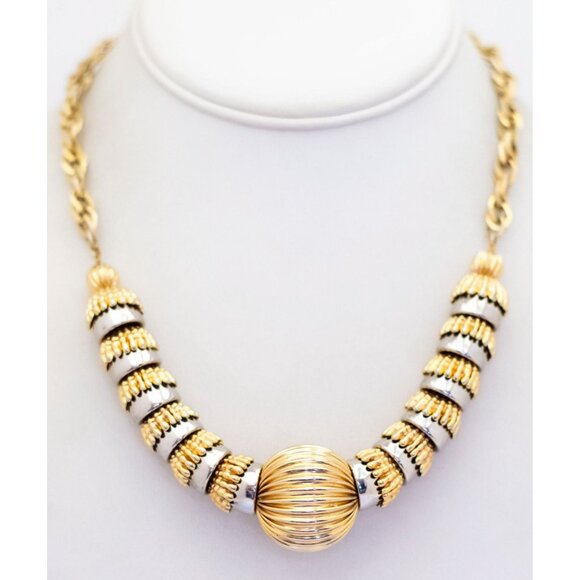 16 inch, Vintage Sphere Ball Center Two Tone Choker Necklace - J31 - Picture 2 of 3